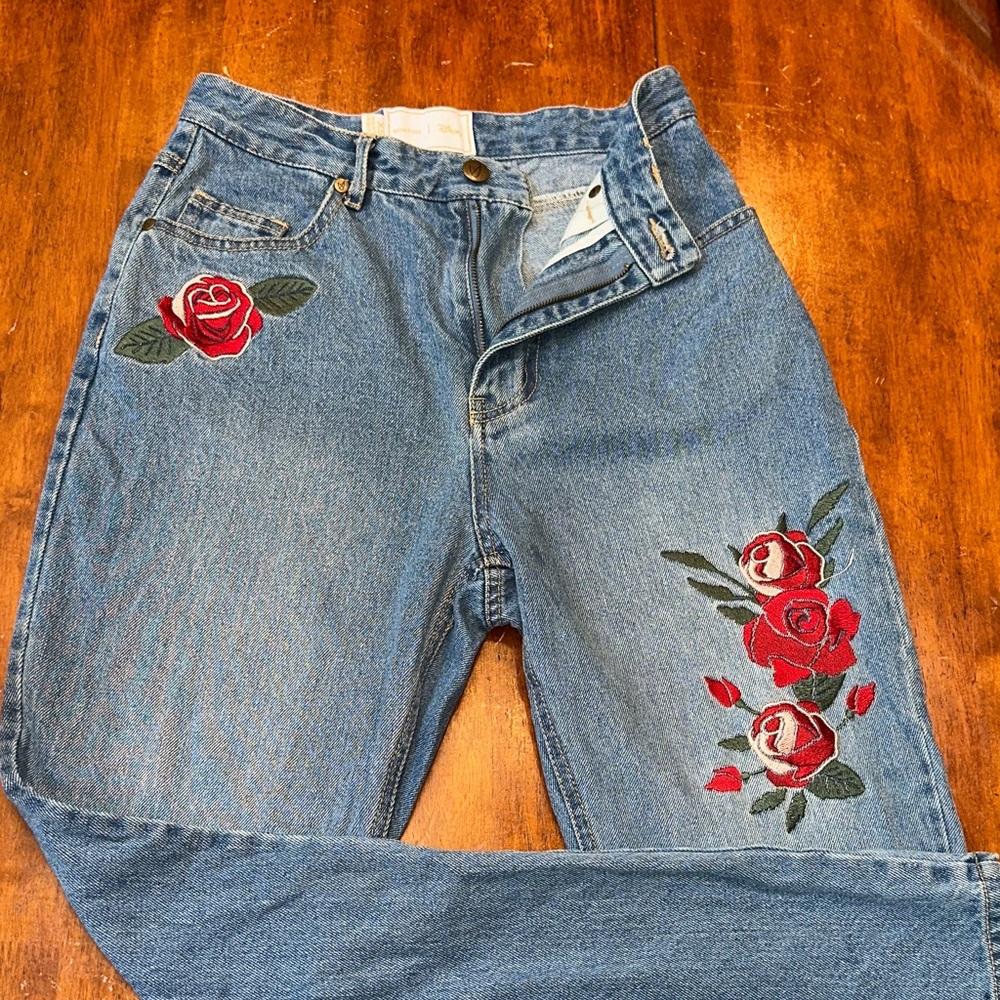 MinkPink X Disney Embroidered Rose Blue Jeans